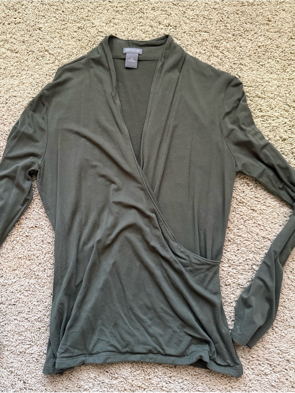 Ann Taylor Olive Wrap-Front Long Sleeve Top
